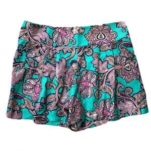 LOFT Paisley Teal Shorts Silky 100% Polyester Pockets Women's Size 4
